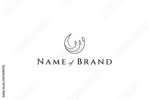 crescent moon logo with combination of leaf plants in minimalist line art design style