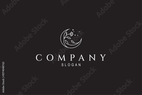 crescent moon logo with rose flower combination in line art design style