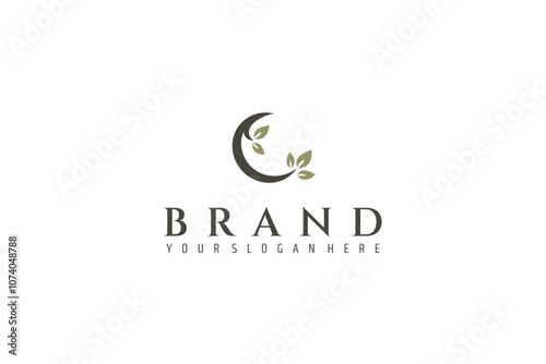 crescent moon logo with combination of leaf plants in flat design style