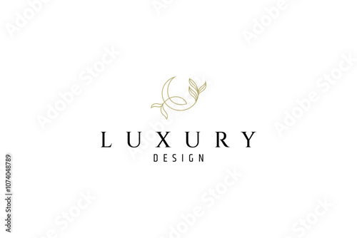 crescent moon logo with natural plant combination in gold luxury line art design style