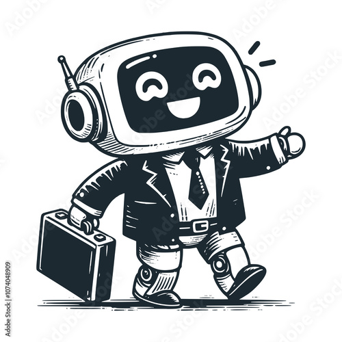 The cute robot hold as business man. Black white vector illustration.
