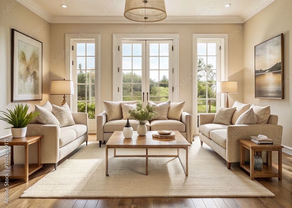 Fototapeta premium Bright and Airy Living Room Interior with Neutral Colors, Farmhouse Coffee Table, Linen Sofas, French Doors, Abstract Art, and White Rug - Home Decor Inspiration