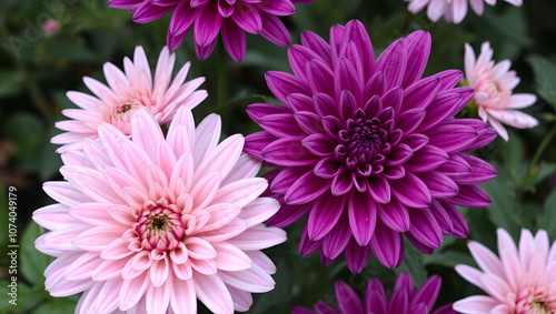 Multilobe purple and pink chrysanthemums blooming closeup. photo