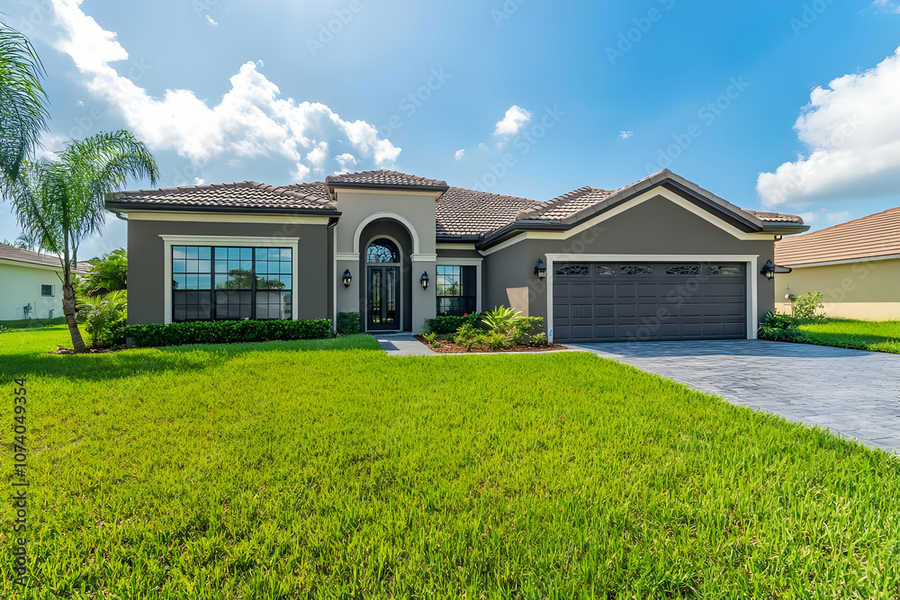 Neighborhood Real Estate Image - A modern single-family home with a well-maintained lawn and driveway under a bright sky. Neighborhood Real Estate Image - A modern single-family home with a well-maintained lawn and driveway under a bright sky.