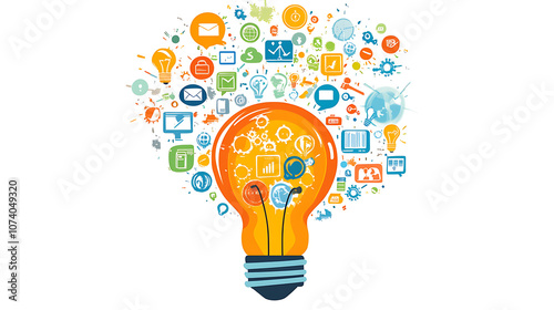 Artistic drawing of a colorful light bulb with various business icons emerging from it, against a white background