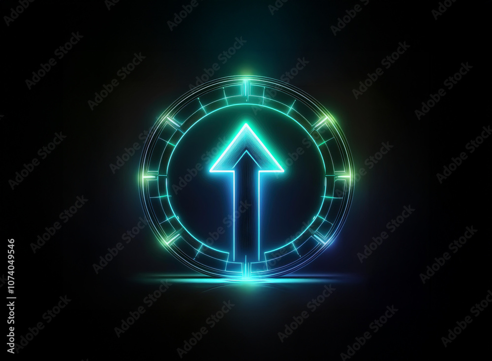 A glowing blue and green arrow points upwards within a circular, futuristic frame against a black background. A glowing blue and green arrow points upwards within a circular, futuristic frame against a black background.