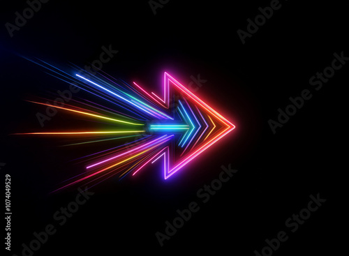 A neon arrow, pointing to the right, with a rainbow of colors radiating outwards. The background is black.