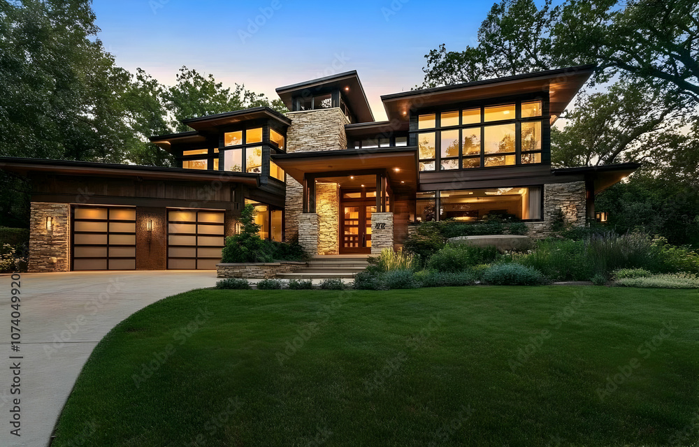 Neighborhood Real Estate Image - Modern architectural home with large windows and landscaped surroundings.