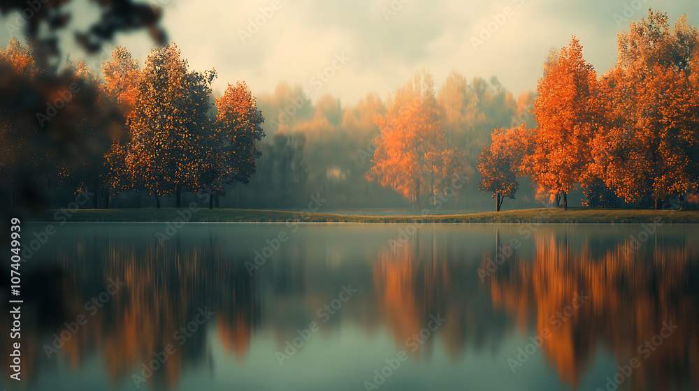 Obraz premium Beautiful autumn park with green grass and trees, lake in the background Autumn landscape Beautiful blurred background of an autumn forest at sunset