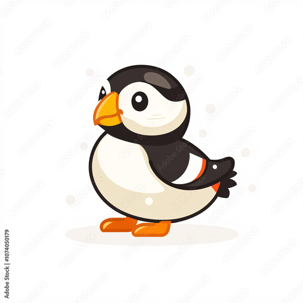 Obraz premium A cute, cartoon-style puffin with a black and white body, orange beak, and bright orange feet, set against a simplistic background.