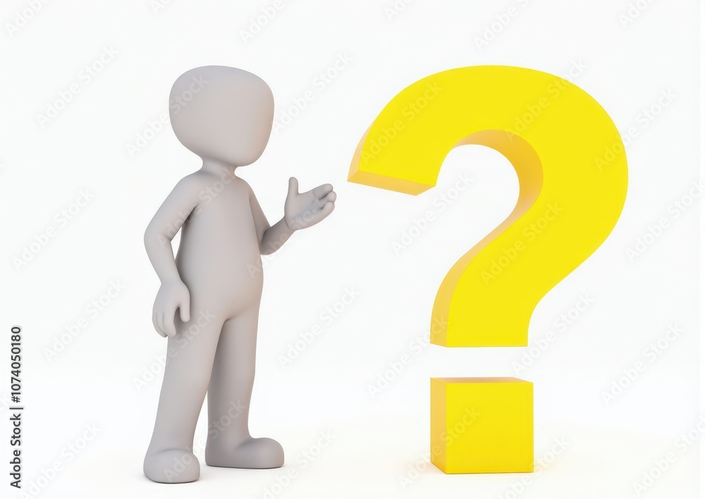 gray man 3d model thoughtful next to him question mark