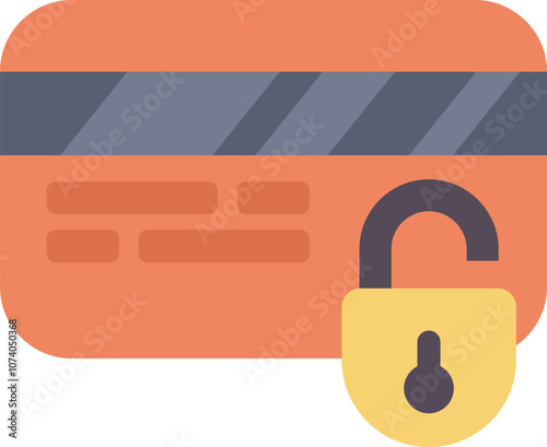 This flat vector icon design shows an unlocked padlock over a credit card, representing online security and protection