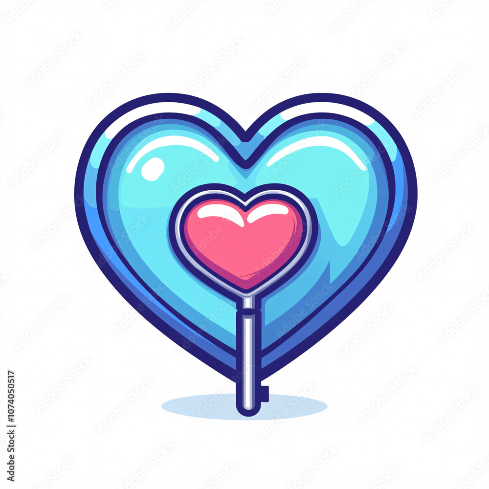 A colorful heart-shaped lollipop surrounded by a stylized blue heart, representing sweetness and affection. A colorful heart-shaped lollipop surrounded by a stylized blue heart, representing sweetness and affection.