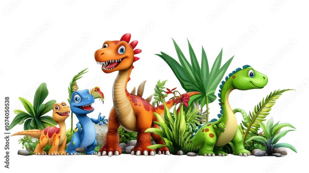Obraz premium Cute dinosaur cartoon with plants isolated on white background, PNG transparent.