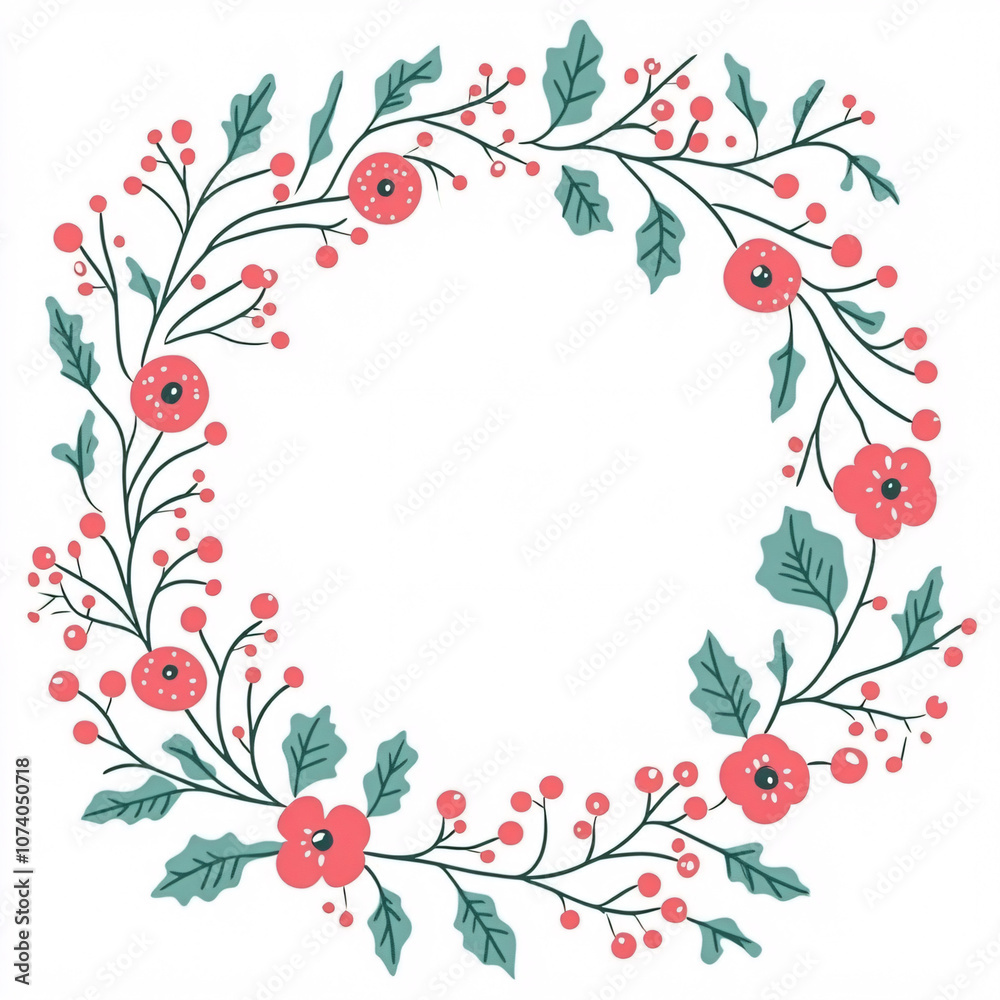 Fototapeta premium A colorful floral wreath design featuring vibrant flowers and green leaves, perfect for invitations or decorative elements.
