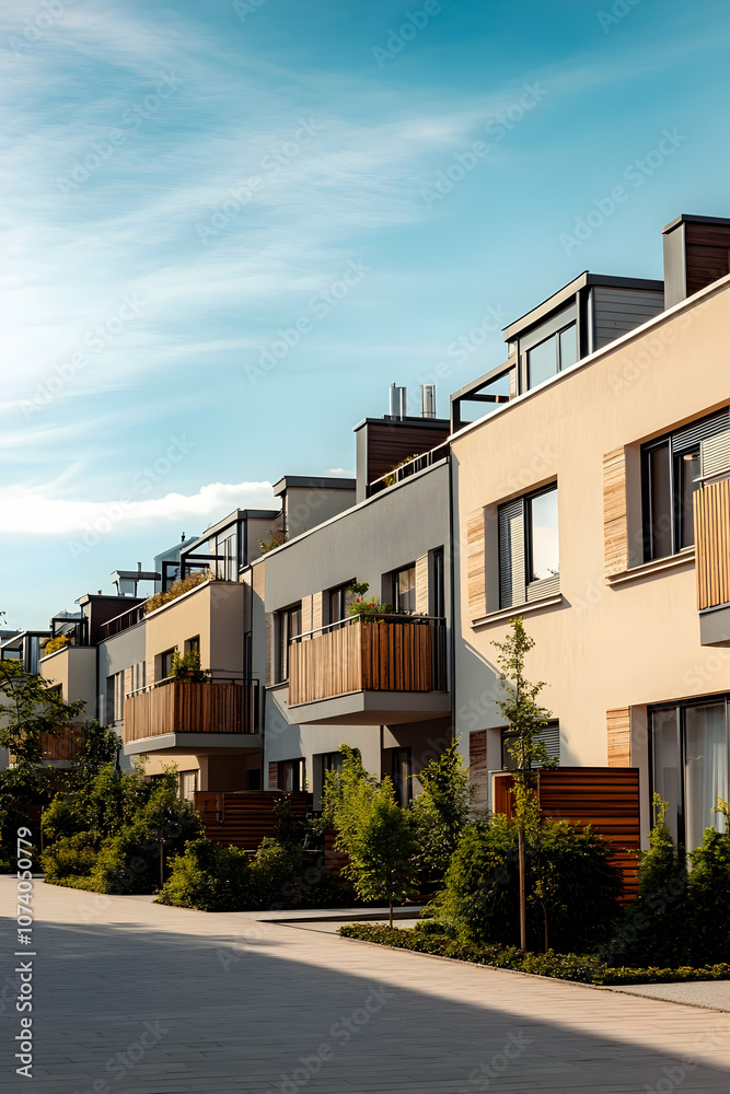 Neighborhood Real Estate Image - Modern residential buildings with balconies and greenery along a quiet street. Neighborhood Real Estate Image - Modern residential buildings with balconies and greenery along a quiet street.