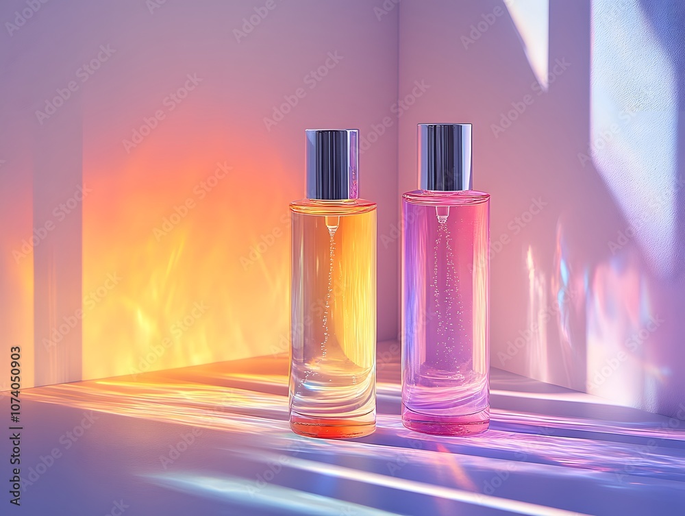 Elegant Perfume Bottles with Colorful Reflections Elegant Perfume Bottles with Colorful Reflections