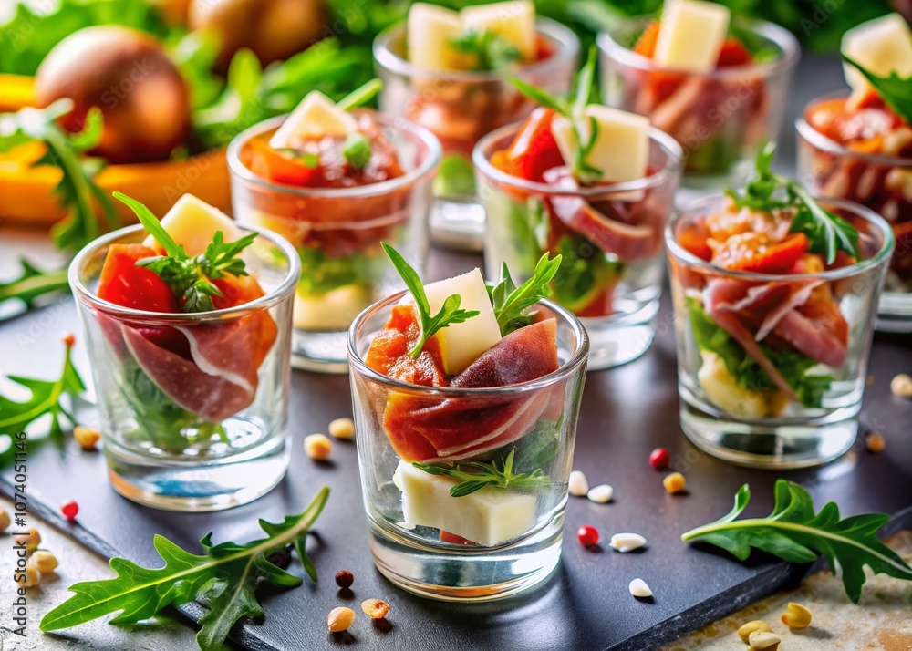 Candid Photography of Delicious Appetizers in Glass Cups with Prosciutto, Arugula, and Parmesan Cheese on a Marble Banquet Table, Perfect for Catering and Events Candid Photography of Delicious Appetizers in Glass Cups with Prosciutto, Arugula, and Parmesan Cheese on a Marble Banquet Table, Perfect for Catering and Events