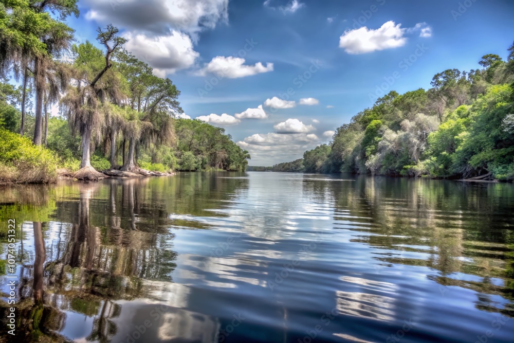 Candid Photography of the Serene Apalachicola River, Capturing the Tranquility of Nature, Lush Landscapes, and Reflections on Water under a Clear Sky Candid Photography of the Serene Apalachicola River, Capturing the Tranquility of Nature, Lush Landscapes, and Reflections on Water under a Clear Sky
