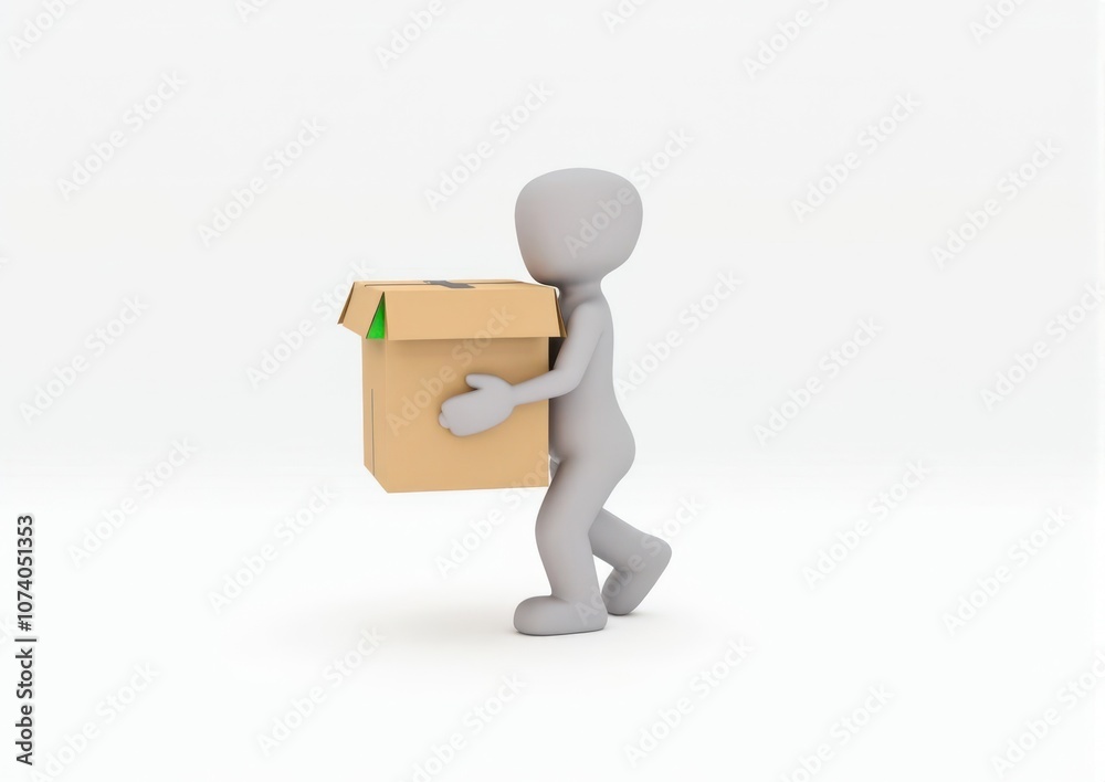 gray toy man 3d carries in hands a cardboard box on white background gray toy man 3d carries in hands a cardboard box on white background
