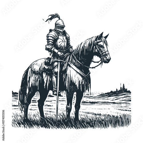 horse riding troops. Black white vector illustration.