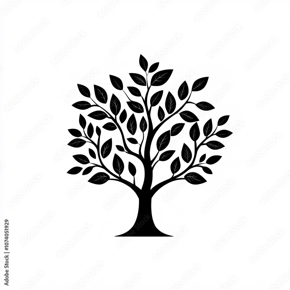 Obraz premium A stylized black tree silhouette with abundant leaves against a white background, symbolizing nature and growth.