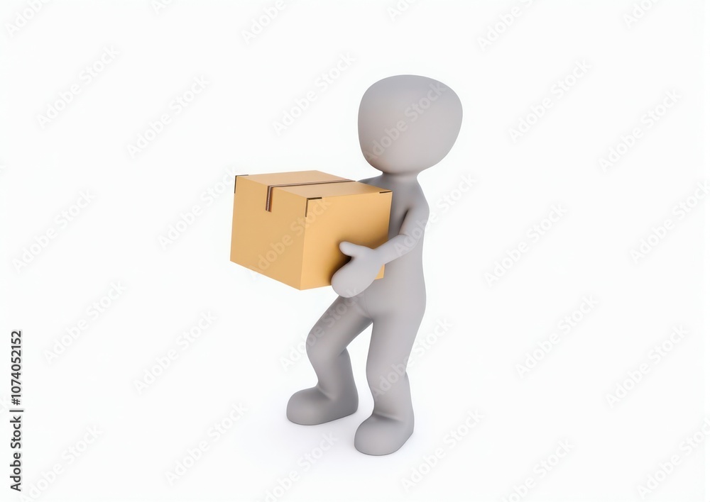 gray toy man 3d carries in hands a cardboard box on white background gray toy man 3d carries in hands a cardboard box on white background