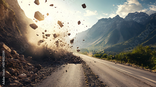On a sunny morning, a rockfall blocked a road in the mountains, Rocks in the air and sunlight highlight the dramatic natural phenomenon against the serene backdrop photo
