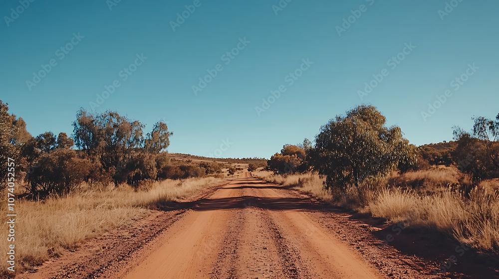Red dirt road through Australian outback under clear blue sky Red dirt road through Australian outback under clear blue sky
