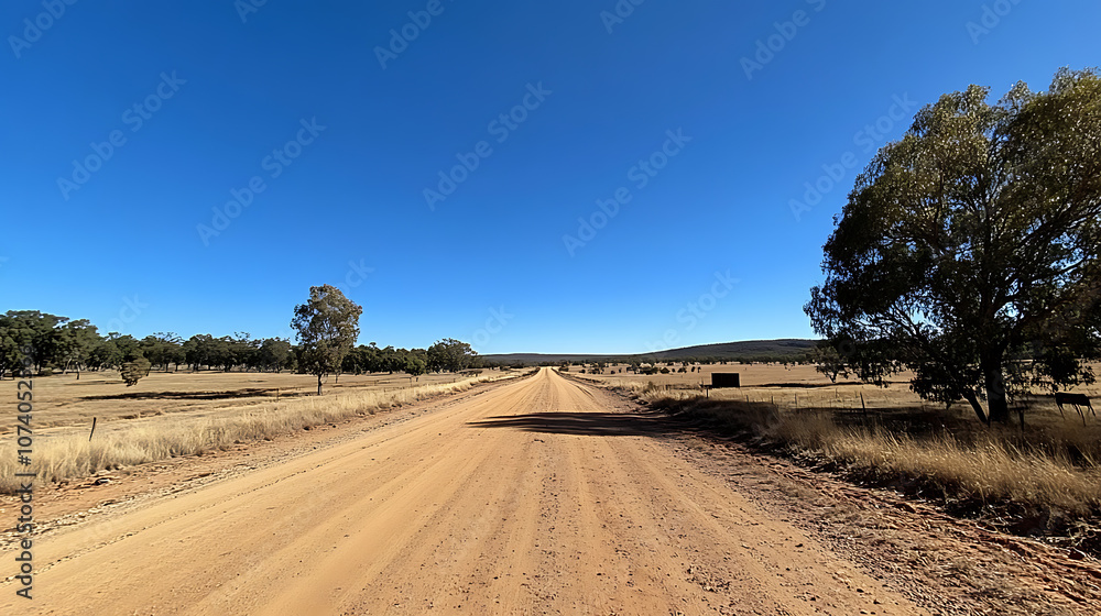 Obraz premium Red dirt road through Australian outback under clear blue sky
