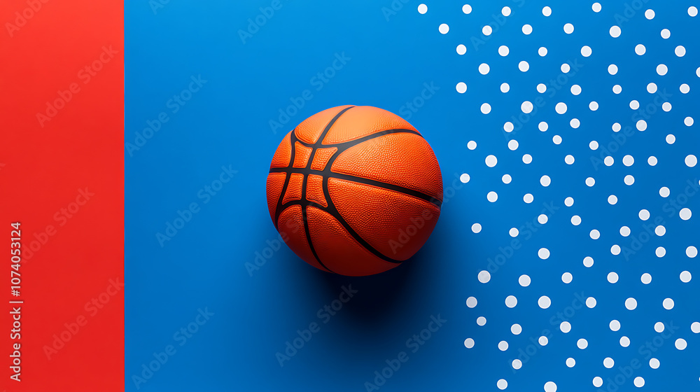 The background is divided into two parts, one in red and the other in blue with white dots In front of them there's an orange basketball The background is divided into two parts, one in red and the other in blue with white dots In front of them there's an orange basketball
