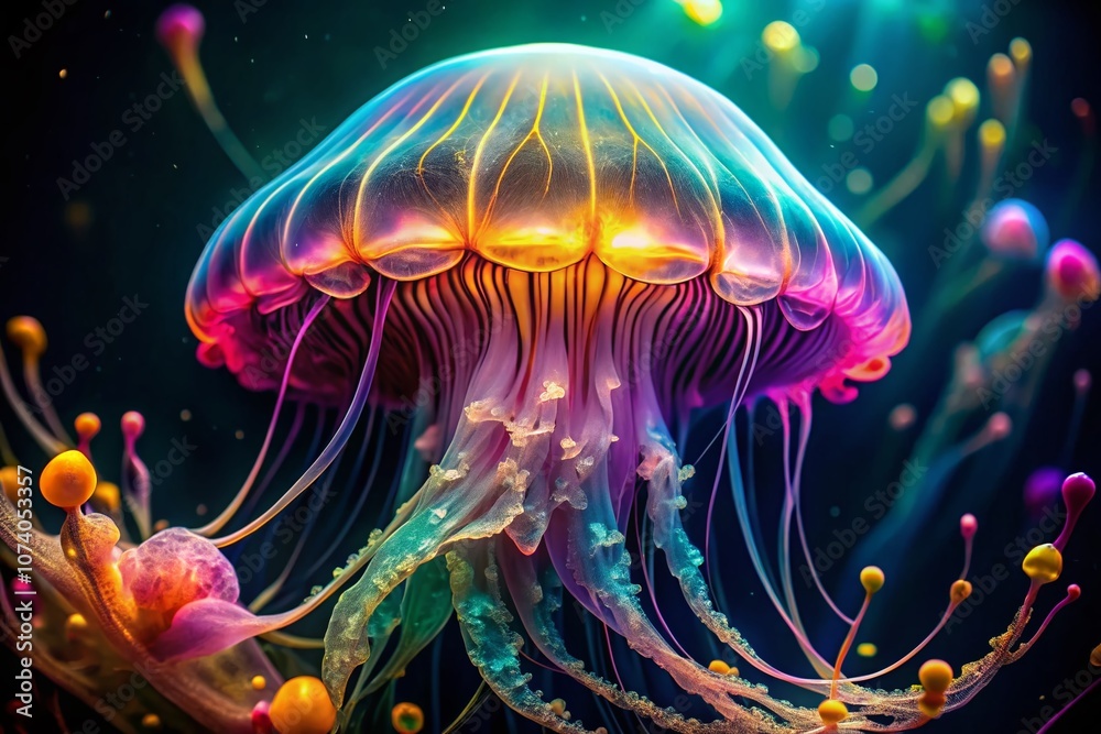 Captivating Close-Up of a Glowing Jellyfish with Vibrant Colors Illuminating the Deep Sea, Showcasing Intricate Details of Its Tentacles and Ethereal Aura Captivating Close-Up of a Glowing Jellyfish with Vibrant Colors Illuminating the Deep Sea, Showcasing Intricate Details of Its Tentacles and Ethereal Aura