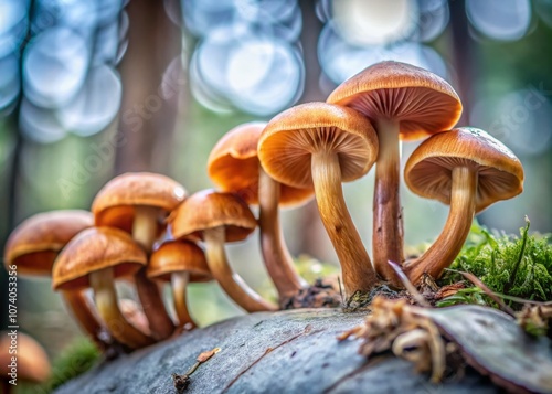 Captivating Close-Up of Agrocybe Cylindracea Mushrooms in a Natural Habitat with Soft Focus Background, Showcasing Their Unique Features and Natural Environment photo