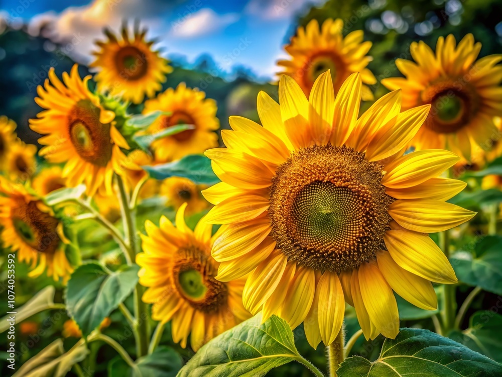 Captivating Close-Up of Sunflowers Swaying in the Wind Showcasing Vibrant Yellow Petals and Lush Green Leaves, Perfect for Nature and Floral Enthusiasts Captivating Close-Up of Sunflowers Swaying in the Wind Showcasing Vibrant Yellow Petals and Lush Green Leaves, Perfect for Nature and Floral Enthusiasts