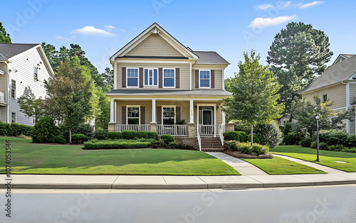 Neighborhood Real Estate Image - A charming two-story house with a porch, surrounded by greenery and a well-maintained lawn.