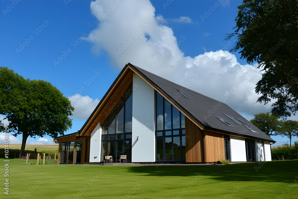 Neighborhood Real Estate Image - Modern house with large windows set in a green landscape under a blue sky.