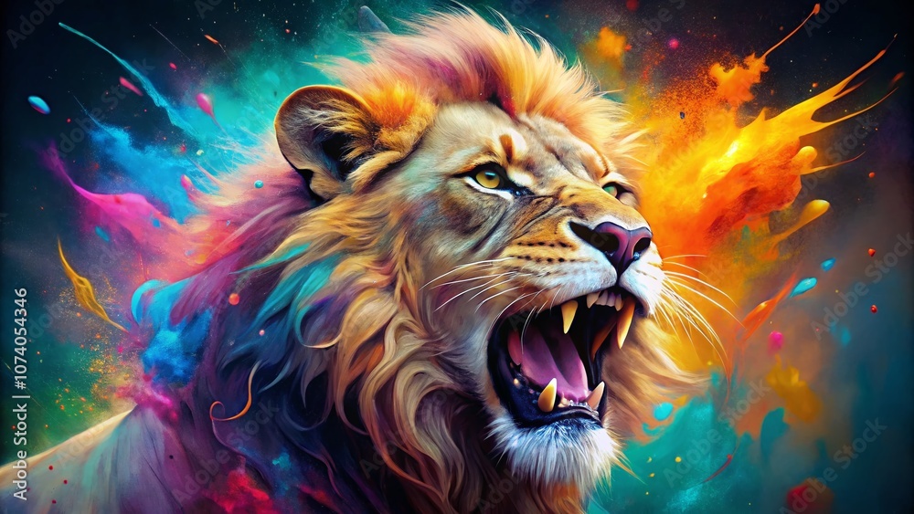 Fototapeta Captivating Double Exposure of a Roaring Lion Merging with a Vivid Abstract Painting, Showcasing the Majesty of Nature and Artistry in a Stunning Visual Display