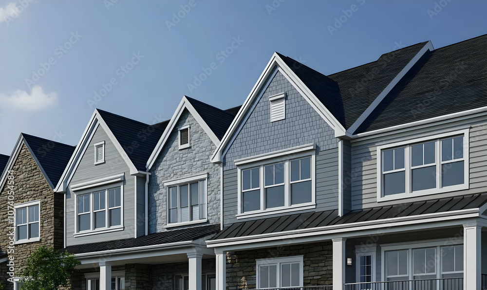 Neighborhood Real Estate Image - A row of modern townhouses with distinct architectural features under a clear blue sky. Neighborhood Real Estate Image - A row of modern townhouses with distinct architectural features under a clear blue sky.