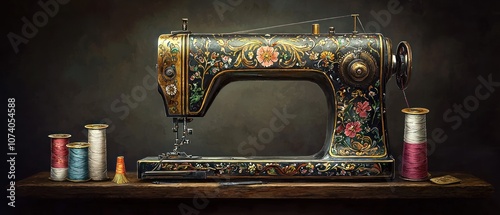 Vintage Ornate Sewing Machine with Spools of Thread