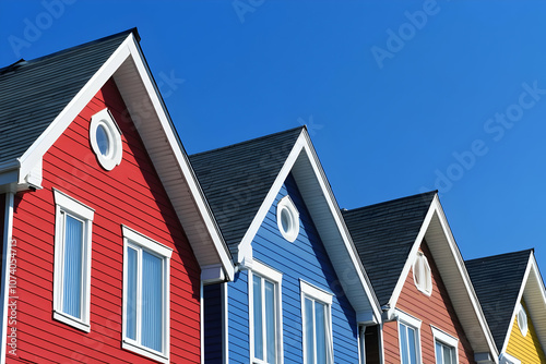 Neighborhood Real Estate Image - Colorful houses with distinct roofs against a clear blue sky.