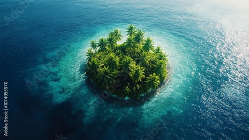 Aerial drone view of palm tree island surrounded by turquoise sea or ocean water. Tropical summer tourism landscape