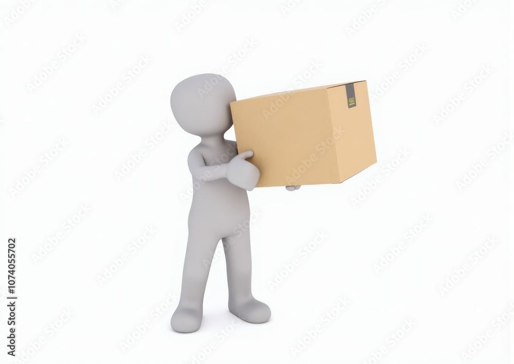 gray toy man 3d carries in hands a cardboard box on white background gray toy man 3d carries in hands a cardboard box on white background