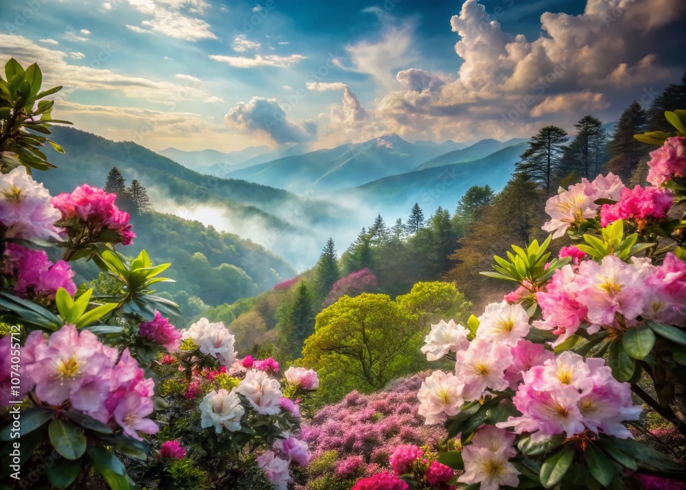 Captivating Double Exposure Photography of Rhododendron in Bloom Merging with Nature's Beauty to Create a Dreamlike Atmosphere of Floral Splendor and Serenity