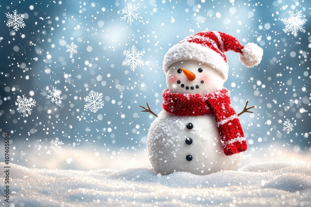 A cheerful snowman wearing a red hat and scarf stands in a snowy landscape A cheerful snowman wearing a red hat and scarf stands in a snowy landscape