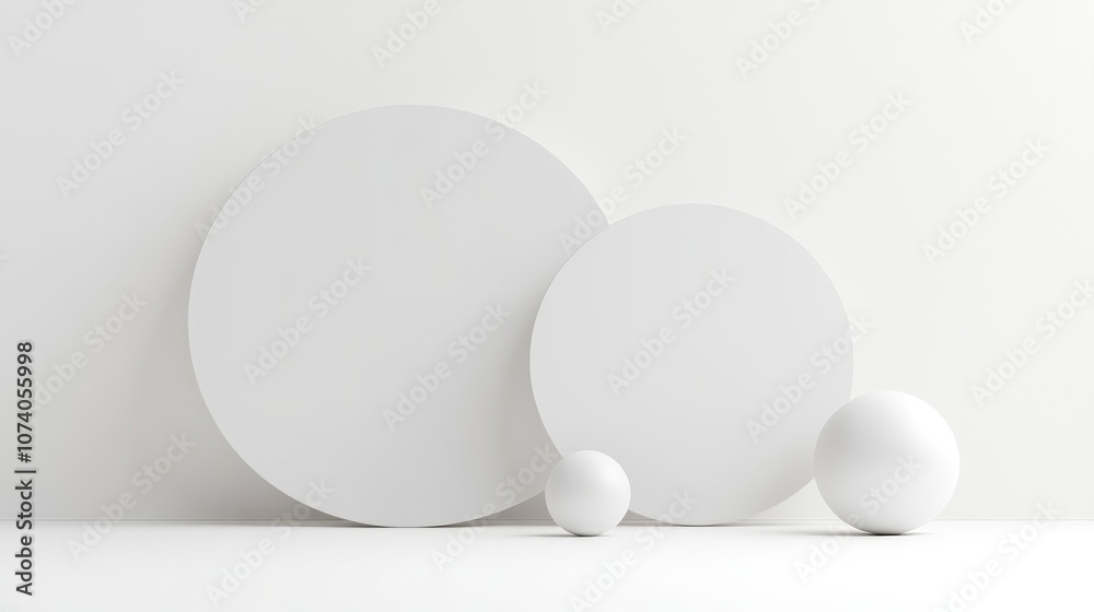 Two round 3D displays of varying sizes on a white background accompanied by spheres Concept of geometric arrangement on a white backdrop Two round 3D displays of varying sizes on a white background accompanied by spheres Concept of geometric arrangement on a white backdrop