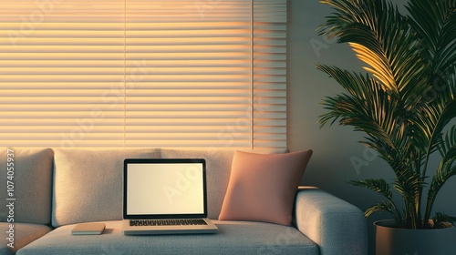 A cozy living space featuring a sofa, laptop, and a decorative plant, capturing a warm and inviting atmosphere.