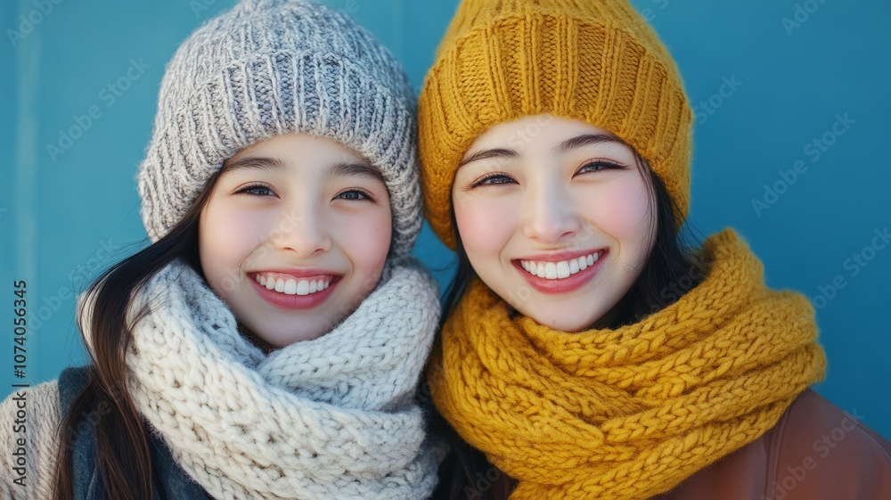 Cheerful Japanese girl wearing cozy scarf for winter warmth, child styled in knitted fashion accessories with smiling young woman portrait in studio Cheerful Japanese girl wearing cozy scarf for winter warmth, child styled in knitted fashion accessories with smiling young woman portrait in studio