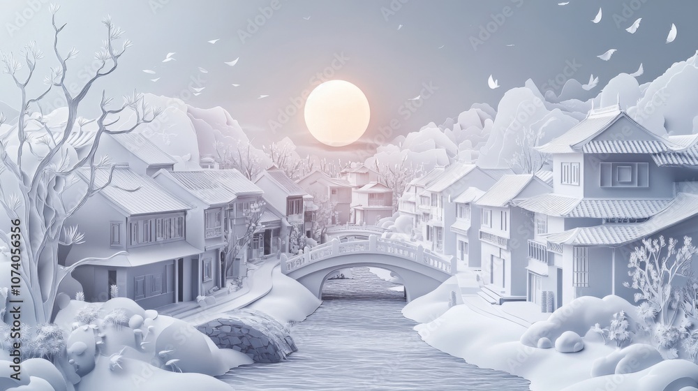 Fototapeta premium Jiangnan Serenity: A Hyper-Realistic Paper-Cut Winter's Dream