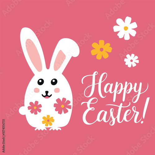 A vector illustration of a white calligraphy text lettering Happy Easter with a cute bunny on a pink background