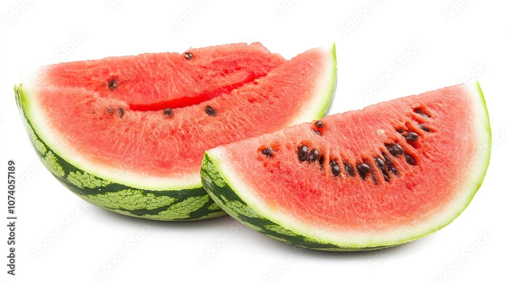 Fresh slices of watermelon isolated on a white background, showcasing the vibrant red flesh, seeds, and green rind, highlighting the refreshing and juicy qualities of the fruit for a clean, Fresh slices of watermelon isolated on a white background, showcasing the vibrant red flesh, seeds, and green rind, highlighting the refreshing and juicy qualities of the fruit for a clean,